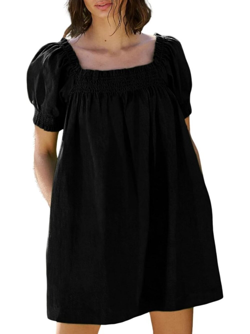 Women's Black Square Neck Puff Sleeve Beach Sundress Casual Short Mini Dress
